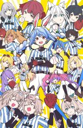 6+girls :d ;) ahoge animal_ear_fluff animal_ears arms_up ball baseball_(object) baseball_bat baseball_glove baseball_uniform black_gloves blonde_hair blue_bow blue_eyes blue_hair blue_hairband blush bow braid breasts brown_eyes brown_shoes carrot_hair_ornament clenched_hand closed_mouth clothes_writing commentary_request crossed_arms dark-skinned_female dark_skin dog_ears elf fake_horns food-themed_hair_ornament fuwawa_abyssgard gloves goggles goggles_on_head green_eyes grey_hair grin hair_between_eyes hair_bow hair_intakes hair_ornament hairband hairclip headgear highres holding holding_ball holding_baseball_bat hololive hololive_english hololive_indonesia horns hoshimachi_suisei houshou_marine kaela_kovalskia kazama_iroha kikirara_vivi kiritoma large_breasts layered_sleeves long_hair long_sleeves low_twintails metal_baseball_bat mococo_abyssgard moona_hoshinova multicolored_hair multiple_girls one_eye_closed ookami_mio oozora_subaru open_mouth otonose_kanade pants parted_lips pink_hair pink_hairband pointy_ears ponytail purple_hair rabbit-shaped_pupils rabbit_ears red_eyes red_hair shirakami_fubuki shiranui_flare shirogane_noel shirt shoes short_eyebrows short_hair short_over_long_sleeves short_sleeves smile sportswear striped_clothes striped_shirt symbol-shaped_pupils thick_eyebrows twin_braids twintails two-tone_hair usada_pekora vertical-striped_clothes vertical-striped_shirt very_long_hair virtual_youtuber white_bow white_hair white_pants wolf_ears x_hair_ornament yozora_mel