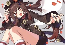 1girl :d =_= black_hat black_nails black_shorts blush boo_tao_(genshin_impact) brown_hair brown_shirt commentary_request feet_out_of_frame flower flower-shaped_pupils genshin_impact ghost gradient_hair grey_background hand_up hat highres hu_tao_(genshin_impact) jewelry long_sleeves looking_at_viewer multicolored_hair multiple_rings nail_polish open_mouth plum_blossoms ponpoko porkpie_hat red_eyes red_flower ring shirt shorts sidelocks simple_background smile socks solo symbol-shaped_pupils white_socks