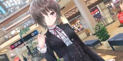 Rule 34 | 1girl, 6+others, black jacket, black suit, blue reflection (series), blue reflection sun, breasts, brown hair, buttons, ceiling light, closed mouth, dutch angle, expressionless, formal clothes, frilled shirt, frills, game cg, hair over one eye, hand up, hanging plant, highres, indoors, ivy, jacket, kishida mel, kuno kirara, long sleeves, looking at viewer, mall, medium breasts, messy hair, multiple others, neck ribbon, non-web source, official art, open clothes, open jacket, plant, potted plant, purple eyes, railing, red ribbon, ribbon, shirt, short hair, sign, skylight, solo focus, suit, suit jacket, white shirt