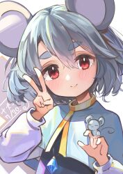 1girl animal animal_ears aqua_capelet black_dress black_shirt blush capelet commentary crystal dated_commentary dress gold_collar grey_capelet grey_hair hair_between_eyes head_tilt highres holding holding_animal kakedashi long_sleeves mouse_ears mouse_girl nazrin red_eyes shirt short_hair smile thick_eyebrows touhou v white_background