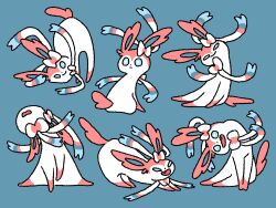 Rule 34 | 00tamakichi, all fours, arched back, blue background, blue eyes, bow, bowtie, cat stretch, closed mouth, commentary request, dot nose, fang, gen 6 pokemon, hair bow, head back, head tilt, highres, multiple views, narrowed eyes, nintendo, no humans, open mouth, pink fur, pokemon, pokemon (creature), ribbon, simple background, sitting, smile, stretching, sylveon, white fur