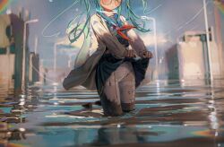1girl blue_hair blue_sailor_collar blue_skirt blush closed_mouth clothes_lift commentary english_commentary eyes_out_of_frame glasses head_out_of_frame highres hsch jacket lifting_own_clothes long_hair long_sleeves miniskirt neckerchief original panties pantyhose pleated_skirt puffy_long_sleeves puffy_sleeves red_neckerchief sailor_collar school_uniform serafuku skirt skirt_lift solo striped_clothes striped_panties thighband_pantyhose underwear wading white_jacket white_panties white_pantyhose yellow_eyes