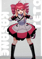 1girl ahoge belt black_belt black_boots black_skirt black_sleeve_cuffs boots bow buttons character_name double-breasted double-parted_bangs drill_hair fin_gocco full_body grey_background grey_jacket grey_skirt hair_between_eyes hair_bow hand_up highres jacket kasane_teto kasane_teto_(sv) layered_skirt layered_sleeves long_sleeves looking_at_viewer open_mouth red_eyes red_hair red_trim shoulder_belt shoulder_boards shouting_with_hands simple_background skirt sleeve_cuffs solo synthesizer_v twin_drills upper_body utau white_bow