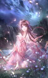 Rule 34 | 1girl, artist request, brown hair, camellia, chinese clothes, collarbone, expressionless, fleeting dream (shining nikki), floral print, flower, full body, game cg, grass, hagoromo, hair flower, hair ornament, hair rings, hand on ground, hanfu, highres, kneeling, knees, lake, light blush, light particles, lipstick, long hair, long sleeves, looking ahead, makeup, mole, mole under eye, nail polish, night, night sky, nikki (series), official art, on grass, outdoors, parted lips, petals, pink flower, pink hanfu, pink lips, pink nails, purple flower, shawl, shining nikki, sky, solo, square neckline, star (sky), starry sky, very long hair, water, waterfall, wide sleeves, yuntan (shining nikki)
