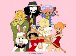 2girls 5boys afro anger_vein animal_ears antlers arm_tattoo black_hair blonde_hair bow bowtie brook_(one_piece) carrot_(one_piece) cesel commentary crying dress formal_clothes hair_bun hat holding holding_staff horns monkey_d._luffy multiple_boys multiple_girls nami_(one_piece) one_piece orange_hair pedro_(one_piece) pink_background pink_bow pink_bowtie rabbit_ears rabbit_girl red_dress reindeer_antlers sanji_(one_piece) sidelocks simple_background skeleton staff straw_hat suit tattoo tongue tongue_out tony_tony_chopper white_suit