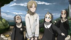 5girls :&lt; :d bandaid bandaid_on_clothes baseball_bat bird blonde_hair blue_eyes brown_eyes brown_hair bush chicken cloud cloudy_sky clumsy_nun_(diva) commentary diva_(hyxpk) duck duckling english_commentary froggy_nun_(diva) highres hungry_nun_(diva) little_nuns_(diva) multiple_girls nun open_mouth ponytail rain rope shirt sky smile traditional_nun tree white_shirt