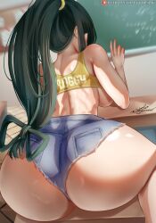 1girl absurdres alternate_hairstyle artist_name ass asui_tsuyu back bare_shoulders boku_no_hero_academia breasts chalkboard classroom clothes_writing crop_top cutoffs denim denim_shorts desk english_text from_behind green_hair high_ponytail highres huge_ass klopsiak large_breasts long_hair ponytail shiny_skin short_shorts shorts sideboob sitting skindentation sleeveless solo wide_hips