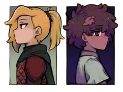 2girls amphibia anne_boonchuy armor black_cape blonde_hair blue_eyes border breastplate brown_eyes brown_hair cape ciervobizarro closed_mouth collared_shirt dark-skinned_female dark_skin expressionless from_side grey_shirt hair_ornament hair_scrunchie half-closed_eyes leaf leaf_on_head mole mole_under_eye multiple_girls ponytail sasha_waybright scale_armor school_uniform scrunchie shirt short_hair sjms_school_uniform upper_body