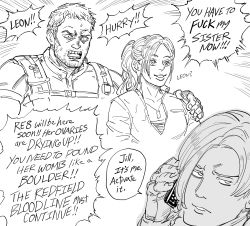 Rule 34 | 1girl, 2boys, annoyed, bad id, bb (baalbuddy), brother and sister, bulletproof vest, capcom, chris redfield, claire redfield, commentary, dog tags, english commentary, english text, facial hair, greyscale, highres, holding, holding phone, inactive account, jitome, leon s. kennedy, meme, meta, monochrome, multiple boys, open mouth, phone, ponytail, profanity, resident evil, resident evil 2, resident evil 5, siblings, smile, stubble, wide-eyed