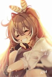 Rule 34 | 1girl, ahoge, backlighting, brown corset, brown hair, closed eyes, corset, crossed bangs, feather hair ornament, feathers, grin, hair ornament, hand on own knee, highres, hololive, hololive english, hugging own legs, light particles, long hair, multicolored hair, nanashi mumei, nanashi mumei (1st costume), ponytail, se10on, shirt, single thighhigh, sitting, smile, streaked hair, thighhighs, very long hair, virtual youtuber, white shirt