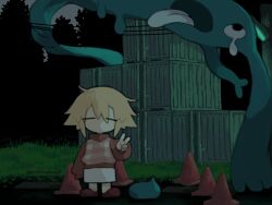 Rule 34 | blonde hair, box, brown shoes, closed eyes, long sleeves, night, regurusu (nagarevosi), shoes, skirt, traffic cone, urotsuki, v, white skirt, yume 2kki