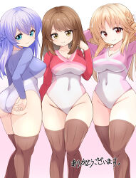 3girls adjusting_clothes adjusting_leotard arm_up arms_up ass athletic_leotard blue_eyes blue_hair blue_leotard braid breasts brown_eyes brown_hair brown_thighhighs commission covered_navel girlfriend_(kari) groin hand_in_own_hair hands_in_own_hair highleg highleg_leotard highres impossible_clothes impossible_leotard leotard long_hair looking_at_viewer looking_back mogura2009 multicolored_leotard multiple_girls murakami_fumio pink_leotard red_leotard sasahara_nonoka shiina_kokomi short_hair skeb_commission smile thighhighs thighs two-tone_leotard white_leotard