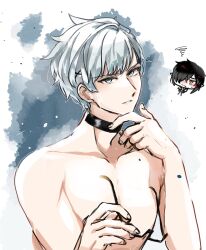 Rule 34 | 2boys, arch bishop (ragnarok online), black-framed eyewear, black choker, black hair, chibi, chibi inset, choker, closed mouth, commentary request, datenshi no fu, despair god morroc, expressionless, grey eyes, grey hair, highres, holding, holding removed eyewear, looking at viewer, male focus, multiple boys, ragnarok masters, ragnarok online, short hair, solo focus, topless male, unworn eyewear, upper body, white background