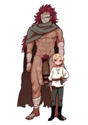 2boys abs age_difference bandaged_arm bandaged_face bandaged_foot bandages bar_censor blonde_hair blue_eyes blush cape censored closed_mouth clothed_male_nude_male height_difference highres knife kusonikumarukun large_penis long_hair male_focus male_pubic_hair multiple_boys muscular muscular_male naughty_face navel nipples nude pectoral_cleavage pectorals penis pubic_hair red_hair scar scar_on_chest short_hair shota size_difference standing testicles white_background yaoi