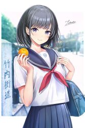 1girl bag black_hair blue_sailor_collar blue_skirt blush closed_mouth commentary_request cowboy_shot food fruit holding holding_food holding_fruit looking_at_viewer mandarin_orange neckerchief original outdoors pleated_skirt purple_eyes red_neckerchief sailor_collar school_bag school_uniform serafuku shirt short_hair short_sleeves signature skirt smile solo tokeshi white_shirt