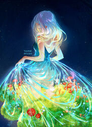 1girl artist_name backless_dress backless_outfit bare_shoulders blonde_hair blue_background blue_dress blue_hair commentary cropped_legs dress english_commentary from_behind glowing glowing_hair gradient_hair grass highres layered_dress long_hair multicolored_hair mushroom original see-through_dress_layer short_dress solo strapless strapless_dress yuumei