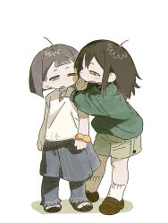 Rule 34 | 2girls, aged down, ahoge, asakusa midori, brown hair, commentary, eizouken ni wa te wo dasu na!, english commentary, freckles, goblet 42, highres, kanamori sayaka, multiple girls, scrunchie, short hair, simple background, white background, wrist scrunchie