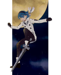 Rule 34 | 1boy, 1girl, black gloves, black hairband, black pants, black shoes, blue eyes, blue hair, buttons, closed eyes, commentary, dark-skinned male, dark skin, fairy, fairy wings, floating hair, gallica (metaphor: refantazio), gloves, hairband, heterochromia, highres, hime (himetya105), jacket, long sleeves, metaphor: refantazio, moon, night, night sky, orange hair, outdoors, pants, protagonist (metaphor: refantazio), shoes, short hair, size difference, sky, sweat, sword, symbol-only commentary, weapon, white jacket, wings, yellow eyes
