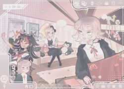 1boy 3girls black_bow black_dress black_hair black_jacket black_shoes black_thighhighs blank_speech_bubble blinky_(pac-man) blue_hair blue_sailor_collar blueofthesunset blush book bow bowl brown_hair character_name closed_eyes collared_shirt computer computer_mouse couch danganronpa_(series) danganronpa_2:_goodbye_despair doorway dress earrings eyelashes fang figure fire fork from_behind gen_1_pokemon gen_3_pokemon guitar hair_bow hair_horns hatsune_miku high_heels highres holding holding_bowl holding_guitar holding_instrument hood hood_down hooded_jacket indoors instrument jacket jewelry joker_(persona_5) knife komaeda_nagito long_hair long_sleeves luigi mario mario_(series) medium_hair mioda_ibuki monitor multicolored_hair multiple_girls nanami_chiaki neck_ribbon neckerchief nintendo non-web_source on_couch open_clothes open_jacket open_mouth pac-man pac-man_(game) page_number pencil persona persona_5 pillow pink_hair pink_neckerchief plant pokemon ponytail red_bow red_ribbon ribbon sailor_collar shelf shirt shoes short_hair short_sleeves sitting skitty smile smiley_face smoke snorlax sonia_nevermind speech_bubble star_(symbol) sticker stuffed_toy the_sims thighhighs usami_(danganronpa) user_interface vocaloid white_hair white_shirt