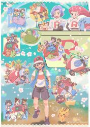 6+boys 6+girls arms_behind_back arms_behind_head artist_name ash_ketchum backpack bag baseball_cap black_hair blonde_hair blue_hair blue_jacket bonnie_(pokemon) brock_(pokemon) brown_hair bulbasaur charmander cherry_blossoms chespin chestnut_mouth chibi chikorita chimchar chloe_(pokemon) cilan_(pokemon) clemont_(pokemon) closed_eyes closed_mouth creatures_(company) cyndaquil dated dawn_(pokemon) diagonal_stripes falling_petals fennekin froakie game_freak gen_1_pokemon gen_2_pokemon gen_3_pokemon gen_4_pokemon gen_5_pokemon gen_6_pokemon gen_7_pokemon gen_8_pokemon goh_(pokemon) green_bag green_hair grookey hands_on_own_hips hands_up hat head_rest highres ichi_(pikapikapocket) iris_(pokemon) jacket james_(pokemon) jessie_(pokemon) kiawe_(pokemon) lana_(pokemon) lapras lillie_(pokemon) litten lying mallow_(pokemon) max_(pokemon) maxie_(pokemon) may_(pokemon) meowth misty_(pokemon) mudkip multiple_boys multiple_girls nintendo on_back on_stomach open_mouth oshawott pants petals pikachu piplup pointing pokemon pokemon_(anime) pokemon_(classic_anime) pokemon_(creature) pokemon_bw_(anime) pokemon_dppt_(anime) pokemon_journeys pokemon_rse_(anime) pokemon_sm_(anime) pokemon_xy_(anime) polka_dot polka_dot_background popplio red_hair red_headwear riding riding_pokemon rowlet scorbunny serena_(pokemon) shirt shoes shorts sitting smile snivy sobble sophocles_(pokemon) squirtle standing standing_on_one_leg starter_pokemon_trio striped tepig togepi torchic totodile tracey_sketchit treecko turtwig twitter_username v-shaped_eyebrows vertical_stripes vest walking watermark white_shirt wobbuffet
