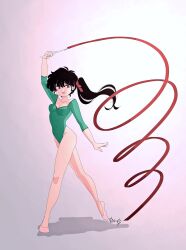 1girl athletic_leotard black_hair green_leotard highres kme kunou_kodachi leotard looking_at_viewer ponytail purple_eyes ranma_1/2 ribbon ribbon_baton smile solo