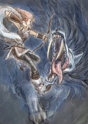 1girl 1other aiming arm_guards black_leggings blue_fur bow_(weapon) brown_tunic colored_sclera commentary_request crosshatching fighting floating_clothes floating_hair fur_leg_warmers fur_shawl fur_trim h&#039;aanit_(octopath_traveler) hatching_(texture) highres knee_up leg_warmers leggings long_hair looking_at_another octopath_traveler octopath_traveler_i open_mouth orange_hair profile qqqqqli sharp_teeth shawl sleeveless_tunic teeth tongue tongue_out tunic weapon yellow_sclera