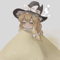 Rule 34 | 1girl, black hat, blonde hair, blush, bow, buried, chinese commentary, closed eyes, commentary, commentary request, double-parted bangs, edz drawz, english commentary, grey background, hair bow, hat, hat bow, head only, highres, kirisame marisa, light frown, long hair, mixed-language commentary, pun, sand, simple background, solo, touhou, white bow, witch hat