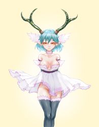 1girl antlers artoise c_(control) choker dress fur highres horns looking_at_viewer no_panties pointy_ears q_(control) simple_background solo thighhighs