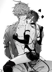 2boys absurdres aged_down blush bulge demon_boy genshin_impact greyscale hamtaru542899 highres licking monochrome mors_gn multiple_boys open_clothes open_shirt pointy_ears revealing_clothes sitting sitting_on_lap sitting_on_person tartaglia_(genshin_impact) twitter white_background yaoi zhongli_(genshin_impact)