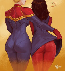 2girls ass blonde_hair blue_bodysuit blue_dress bodysuit captain_marvel carol_danvers clothes_lift dark-skinned_female dark_skin dress dress_lift from_behind gloves gold_trim heart highres kamala_khan long_hair marvel ms._marvel multiple_girls pantyhose pantylines pinafore red_bodysuit red_gloves red_pantyhose short_hair signature two-tone_bodysuit yuri