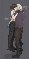 1boy 1girl black_boots black_hair black_nails blush boots dante_(devil_may_cry) devil_may_cry_(series) devil_may_cry_5 highres hug jumpoon lady_(devil_may_cry) lifting_person midriff_peek nail_polish pants shirt simple_background smile white_hair white_shirt