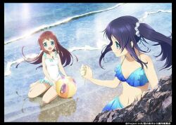 2girls ball beach beachball bikini black_hair blue_bikini blue_eyes brown_hair casual_one-piece_swimsuit dress_swimsuit frilled_one-piece_swimsuit frills hiradaira_chisaki long_hair looking_back mukaido_manaka multiple_girls nagi_no_asukara official_art one-piece_swimsuit rock ruffle_bikini side_ponytail swimsuit white_one-piece_swimsuit