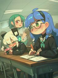 3girls absurdres ahoge black_hairband black_shirt blue_hair blue_neckerchief blush cellphone classroom closed_mouth commentary desk digitan_(porforever) ear_piercing english_commentary fang glasses green_eyes green_hair hairband highres holding holding_pen holding_phone indoors long_hair long_sleeves multiple_girls neckerchief notebook open_mouth original pen phone piercing porforever red_eyes sailor_collar school_desk school_uniform shirt short_hair sitting smartphone sweat white_hair white_sailor_collar