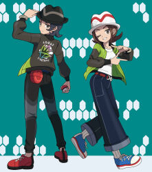 1boy 1girl asatsuki_(fgfff) black_hair brown_hair commentary_request crossed_legs green_jacket grey_eyes harmony_(pokemon) hat highres jacket long_sleeves nintendo open_clothes open_jacket open_mouth pants paxton_(pokemon) pokemon pokemon_legends:_z-a shirt shoes short_hair sneakers white_shirt
