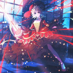 1girl 2024 absurdres alternate_costume artist_name blonde_hair breasts clarent_(fate) cleavage commentary dated dress fang fate_(series) full_body green_eyes hat highres holding holding_sword holding_weapon indoors jewelry looking_at_viewer mordred_(fate) necklace night open_mouth red_dress red_hat renia_(xxx_wg_869) short_hair solo sword twitter_username weapon window