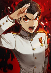 10s 1boy apple972 armband black_hair danganronpa:_trigger_happy_havoc danganronpa_(series) inzup ishimaru_kiyotaka looking_at_viewer lowres male_focus medal military military_uniform open_mouth red_eyes salute solo