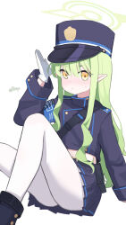 1girl absurdres armband artist_name black_hat black_jacket black_shoes black_skirt blue_archive blue_armband blush closed_mouth commentary_request gloves green_halo grey_hair halo hat highres hikari_(blue_archive) hui_yu_yu_yu_ye jacket knees_up long_hair long_sleeves looking_at_viewer midriff_peek nose_blush pantyhose peaked_cap pointy_ears shoes simple_background sitting skirt solo sweatdrop white_background white_gloves white_pantyhose yellow_eyes