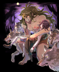 Rule 34 | 2boys, abs, animal, barefoot, blood, blood on chest, blood on face, blood on hands, clenched teeth, danganronpa (series), danganronpa v3: killing harmony, full body, gokuhara gonta, highres, kumakoro (tetsupag), male focus, messy hair, multiple boys, muscular, muscular male, night, nipples, oma kokichi, orange eyes, outdoors, short hair, teeth, toenails, topless male, wolf