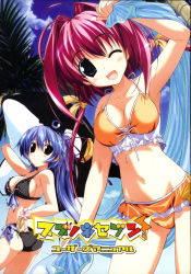 2girls ;d absurdres antenna_hair ass bikini blue_hair breasts cleavage hair_intakes highres inflatable_dolphin inflatable_toy large_breasts long_hair mitsumine_minato multiple_girls navel one_eye_closed open_mouth oshiki_hitoshi red_hair ribbon smile suzunone_seven swimsuit takatori_yuzuri twintails wink