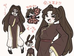 Rule 34 | &gt; &lt;, 1girl, black hands, black sclera, black shoes, blood, breasts, chinese clothes, colored extremities, colored sclera, decapitation, extra eyes, genderswap, genderswap (mtf), highres, kojocho05, limbus company, long hair, long sleeves, looking at viewer, multiple views, pants, partially shaded face, project moon, shi yihua (project moon), shoes, simple background, single tear, smug, spoilers, translation request, twintails, white background, white pants