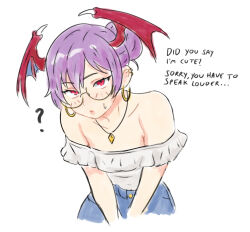 1girl ? bespectacled blue_pants blush celebelian commentary darkstalkers demon_girl demon_wings denim double-parted_bangs earrings english_commentary english_text flat_chest glasses hair_between_eyes head_wings jeans jewelry leaning_forward lilith_(darkstalkers) looking_at_viewer necklace off-shoulder_shirt off_shoulder pants parted_lips purple_eyes red_eyes shirt short_hair simple_background sleeveless sleeveless_shirt solo sweatdrop upper_body white_background white_shirt wings