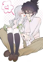 Rule 34 | 1boy, 1girl, absurdres, black hair, black nails, black socks, blue eyes, brother and sister, brown footwear, brown pants, brown skirt, closed eyes, collared shirt, daki (kimetsu no yaiba), full body, green necktie, gyuutarou (kimetsu no yaiba), heart, highres, indian style, kimetsu gakuen, kimetsu no yaiba, long hair, necktie, one eye closed, open mouth, pants, rand (user cpvm2834), school uniform, sharp teeth, shirt, siblings, sitting, skirt, smile, socks, spoken heart, teeth, wavy hair, white background, white hair, white shirt