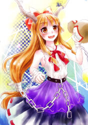 1girl :d absurdres armpits belt blush bow bowtie brown_belt brown_eyes brown_hair chain chinese_commentary commentary_request cowboy_shot fangs frilled_wrist_cuffs frills gourd hair_bow highres holding holding_gourd horns ibuki_suika kirigawa_mika long_hair open_mouth purple_skirt red_bow red_bowtie shirt skirt sleeveless sleeveless_shirt smile solo touhou very_long_hair white_shirt wrist_cuffs yellow_background