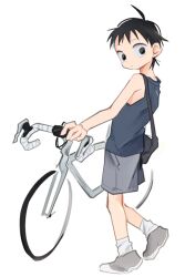 1boy ahoge ankle_socks armpit_crease bag bicycle black_hair black_tank_top child dot_nose expressionless from_behind full_body grey_shoes grey_shorts looking_at_viewer looking_back male_focus midousuji_akira o_omome road_bicycle shoes short_hair shorts shoulder_bag simple_background sneakers socks solid_circle_pupils solo standing tank_top white_background white_socks wide-eyed wispy_bangs yowamushi_pedal