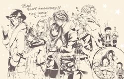 ! !! ? arms_around_neck belt blush breasts cardigan cleavage conga_line cowboy_shot cropped_jacket crossed_arms ellone everyone eyebrow_piercing eyepatch face_piercing father_and_daughter final_fantasy final_fantasy_viii fingerless_gloves flower fur_collar fuujin_(ff8) gloves hair_between_eyes hair_over_one_eye hair_up hand_on_another&#039;s_arm heart high_collar highres hug hug_from_behind irvine_kinneas jacket jewelry kiros_seagill laguna_loire long_coat long_hair looking_at_viewer low_ponytail medium_breasts monochrome multiple_belts multiple_boys multiple_girls musical_note necklace one_eye_closed open_mouth overalls pants parted_bangs piercing pointing ponytail quistis_trepe raijin_(ff8) rinoa_heartilly ruy scar scar_on_face seifer_almasy selphie_tilmitt shirt short_hair shorts skirt sleeveless sleeveless_shirt smile squall_leonhart square_enix straight_hair sweatdrop thumbs_up twitter_username vest ward_zabac wavy_hair zell_dincht