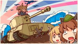 3girls ? aircraft airplane animal_ears blonde_hair bomber borisx brown_hair cat_ears chen hat highres military military_vehicle mob_cap motor_vehicle multiple_girls open_mouth original short_hair silhouette tank touhou union_jack vehicle_focus