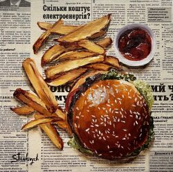 absurdres burger food food_focus french_fries highres julia_stankevych ketchup lettuce newspaper no_humans oil_painting_(medium) original painting_(medium) photo_(medium) realistic sesame_seeds signature still_life traditional_media wall_of_text