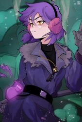 1girl amity_blight belt black_shirt bottle cave clay closed_mouth earmuffs finger_gun frown gloves grey_gloves hand_up highres holding holding_staff iotxva jacket key magic purple_hair purple_jacket shirt short_hair snow solo staff stalactite the_owl_house witch yellow_eyes
