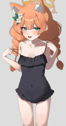 1girl absurdres alternate_costume alternate_hairstyle animal_ear_fluff animal_ears bare_arms bare_shoulders black_one-piece_swimsuit blue_archive blue_eyes blush braid cat_ears cat_girl covered_navel d_(delt4) extra_ears flower hair_between_eyes hair_flower hair_ornament highres long_hair looking_at_viewer mari_(blue_archive) one-piece_swimsuit open_mouth orange_hair sidelocks solo swimsuit twin_braids white_flower