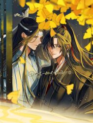 Rule 34 | 2boys, autumn leaves, bishounen, black hair, black hanfu, blurry, blurry foreground, brown eyes, chinese clothes, closed mouth, colored smoke, eyelashes, falling leaves, ginkgo leaf, hair ribbon, hanfu, headband, high ponytail, highres, lan wangji, leaf, light particles, long hair, long sleeves, looking at viewer, male focus, mg ms dayo, modao zushi, multiple boys, parted lips, ponytail, red ribbon, ribbon, robe, sidelighting, sidelocks, smile, smoke, sunlight, topknot, twitter username, upper body, very long hair, wei wuxian, white hanfu, white headband, wide sleeves, xiao guan (headdress), yaoi, yellow eyes